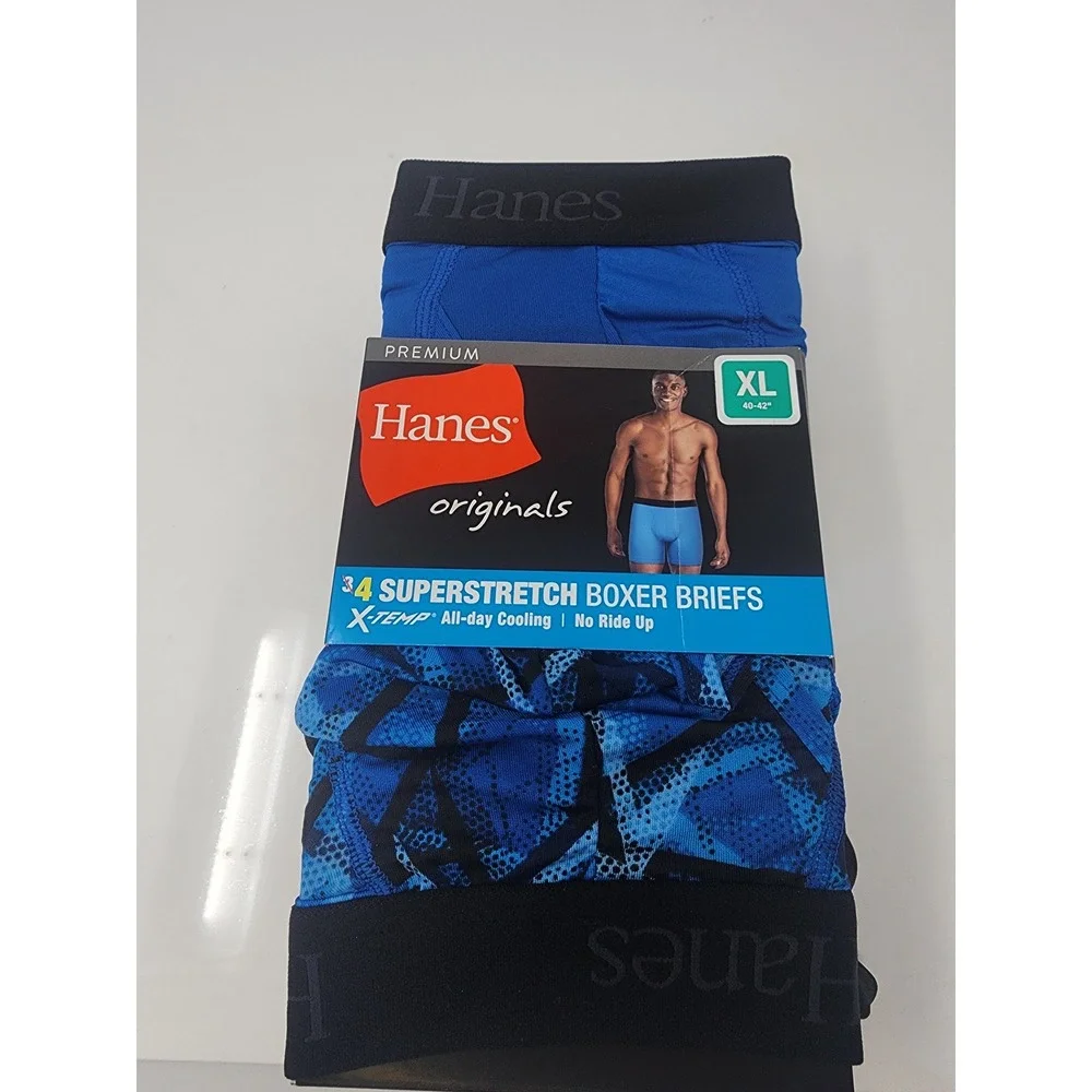 Hanes Mens Originals Superstretch Boxer Briefs Blue Polyester Blend Size XL